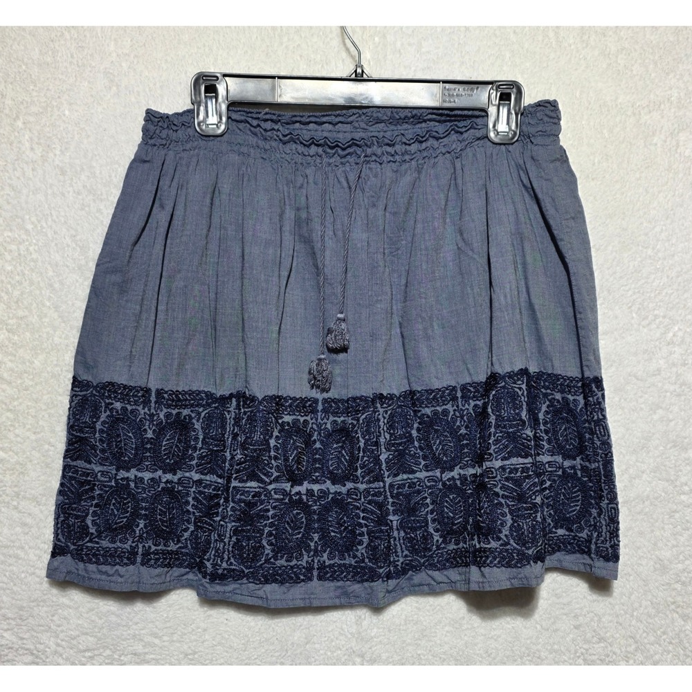 J.Crew Blue Chambray Embroidered Boho Mini Skirt Tassel XS